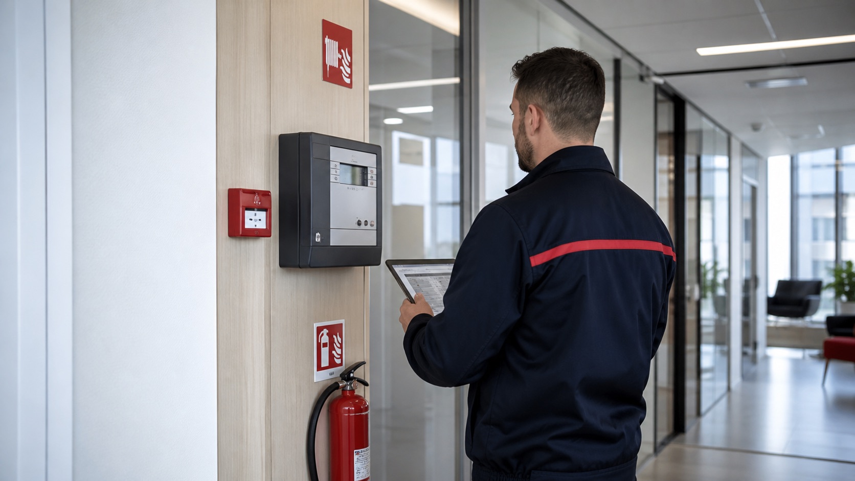 Technicien contrôlant un système d'alarme incendie dans une entreprise