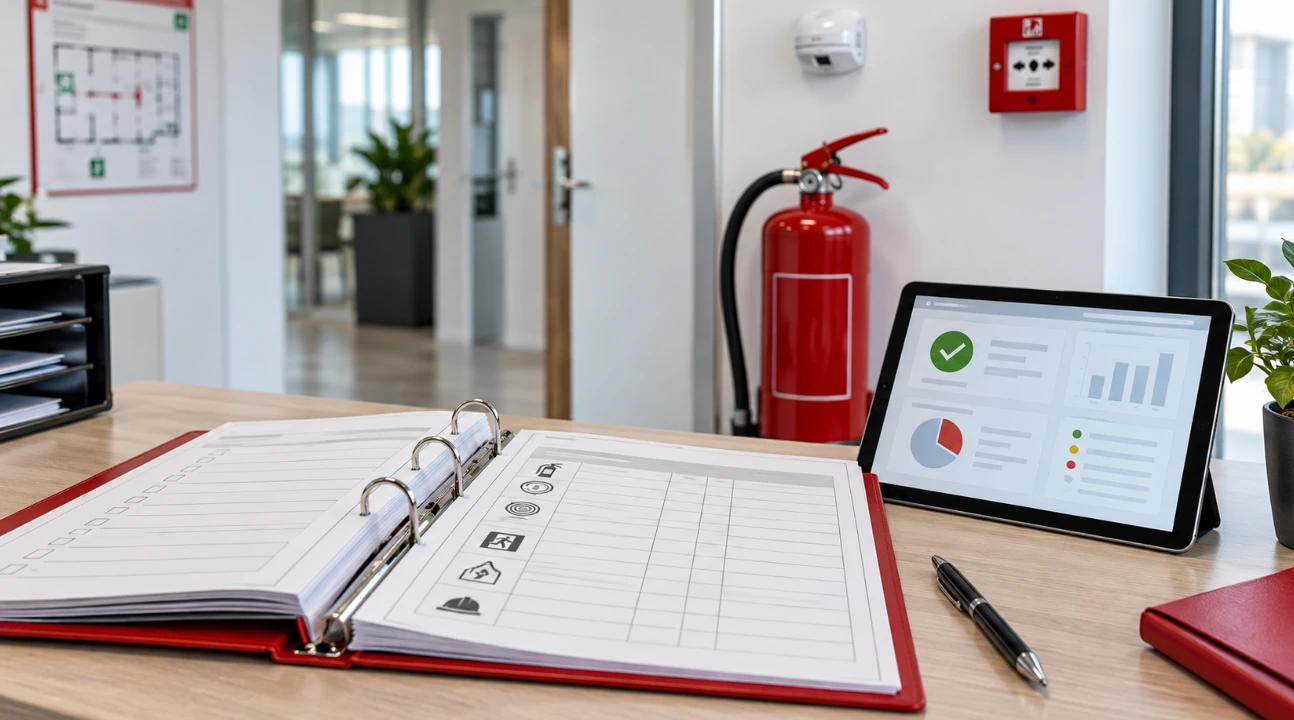 Registre de sécurité incendie avec checklist et équipements de prévention